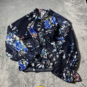 Free People Button Front Tie Neck Floral Blouse Size‎ S Bell Sleeve